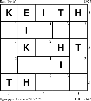 The grouppuzzles.com Easy Keith puzzle for Monday February 16, 2026, suitable for printing, with all 3 steps marked