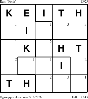 The grouppuzzles.com Easy Keith puzzle for Monday February 16, 2026 with the first 3 steps marked