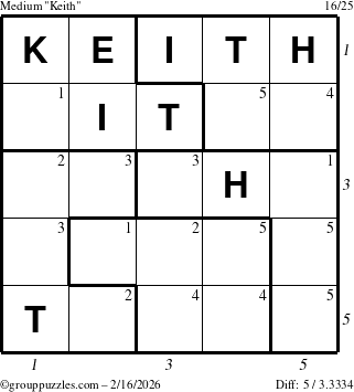 The grouppuzzles.com Medium Keith puzzle for Monday February 16, 2026, suitable for printing, with all 5 steps marked