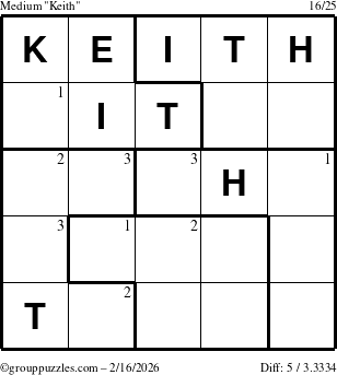 The grouppuzzles.com Medium Keith puzzle for Monday February 16, 2026 with the first 3 steps marked