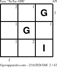 The grouppuzzles.com Easy TicTac-GHI puzzle for Monday February 16, 2026, suitable for printing, with all 2 steps marked