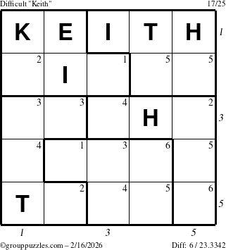 The grouppuzzles.com Difficult Keith puzzle for Monday February 16, 2026 with all 6 steps marked