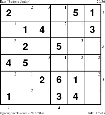 The grouppuzzles.com Easy Sudoku-Junior puzzle for Monday February 16, 2026 with all 3 steps marked