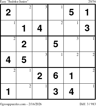 The grouppuzzles.com Easy Sudoku-Junior puzzle for Monday February 16, 2026 with the first 3 steps marked