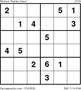 The grouppuzzles.com Medium Sudoku-Junior puzzle for Monday February 16, 2026