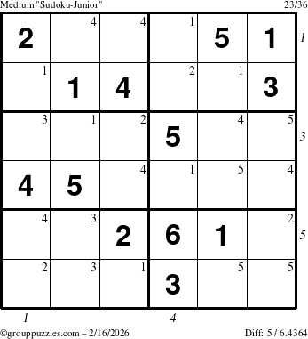 The grouppuzzles.com Medium Sudoku-Junior puzzle for Monday February 16, 2026, suitable for printing, with all 5 steps marked