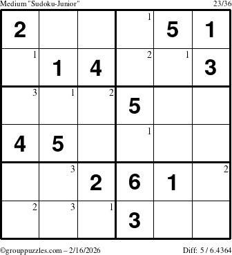The grouppuzzles.com Medium Sudoku-Junior puzzle for Monday February 16, 2026 with the first 3 steps marked
