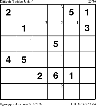 The grouppuzzles.com Difficult Sudoku-Junior puzzle for Monday February 16, 2026 with the first 3 steps marked