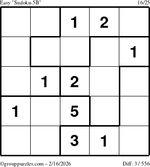 The grouppuzzles.com Easy Sudoku-5B puzzle for Monday February 16, 2026