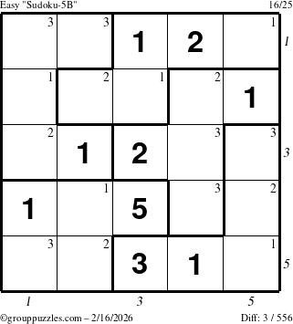 The grouppuzzles.com Easy Sudoku-5B puzzle for Monday February 16, 2026, suitable for printing, with all 3 steps marked