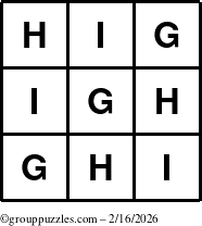 The grouppuzzles.com Answer grid for the TicTac-GHI puzzle for Monday February 16, 2026