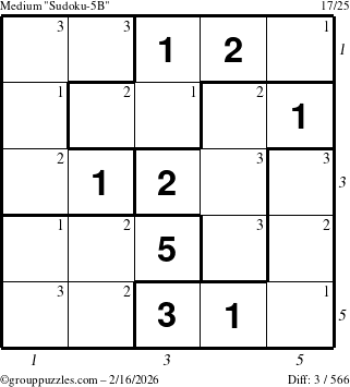 The grouppuzzles.com Medium Sudoku-5B puzzle for Monday February 16, 2026 with all 3 steps marked