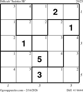 The grouppuzzles.com Difficult Sudoku-5B puzzle for Monday February 16, 2026 with all 4 steps marked