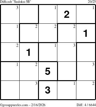The grouppuzzles.com Difficult Sudoku-5B puzzle for Monday February 16, 2026 with the first 3 steps marked