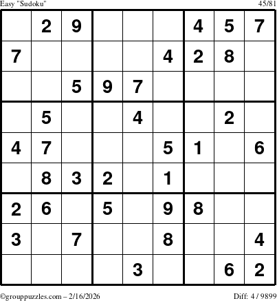 The grouppuzzles.com Easy Sudoku puzzle for Monday February 16, 2026