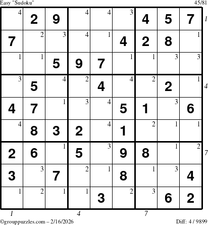 The grouppuzzles.com Easy Sudoku puzzle for Monday February 16, 2026 with all 4 steps marked