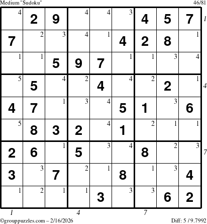 The grouppuzzles.com Medium Sudoku puzzle for Monday February 16, 2026 with all 5 steps marked
