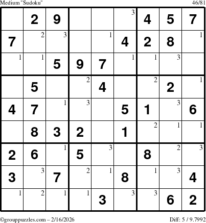 The grouppuzzles.com Medium Sudoku puzzle for Monday February 16, 2026 with the first 3 steps marked