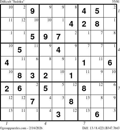 The grouppuzzles.com Difficult Sudoku puzzle for Monday February 16, 2026 with all 13 steps marked