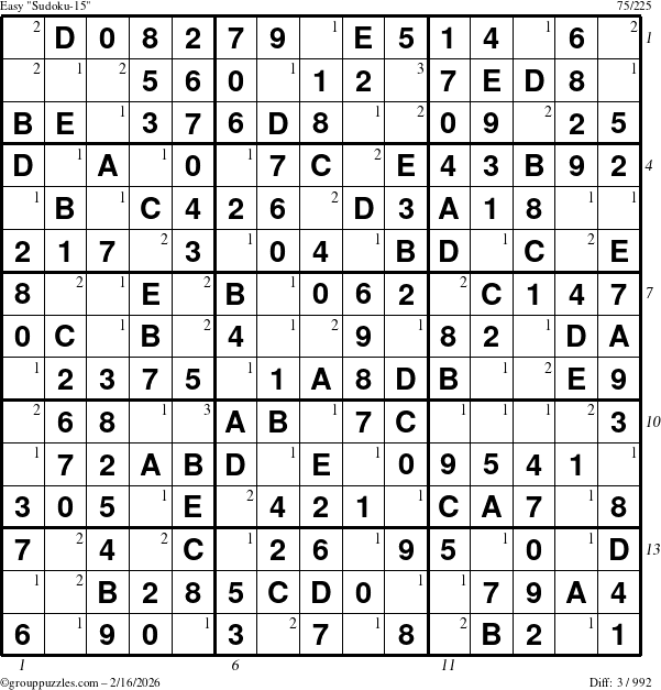 The grouppuzzles.com Easy Sudoku-15 puzzle for Monday February 16, 2026 with all 3 steps marked