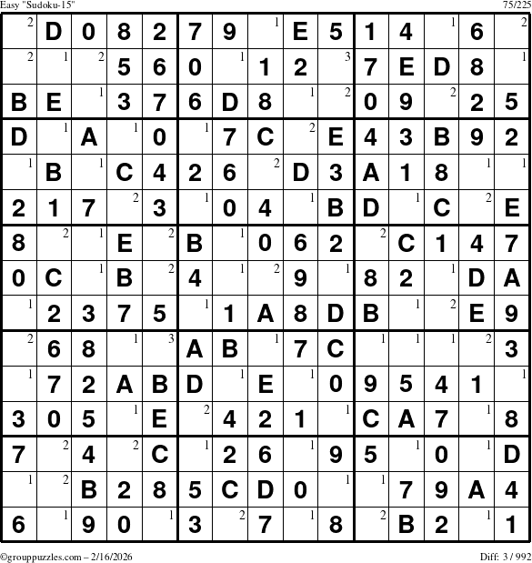 The grouppuzzles.com Easy Sudoku-15 puzzle for Monday February 16, 2026 with the first 3 steps marked