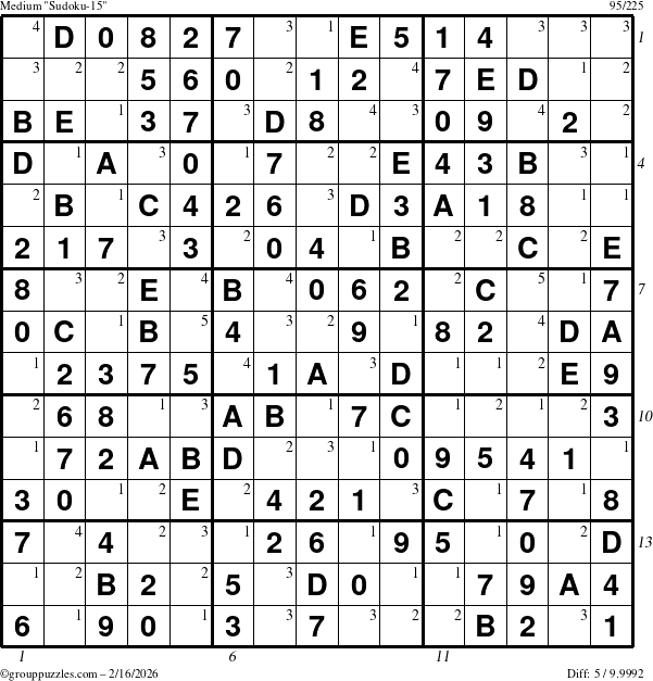 The grouppuzzles.com Medium Sudoku-15 puzzle for Monday February 16, 2026 with all 5 steps marked
