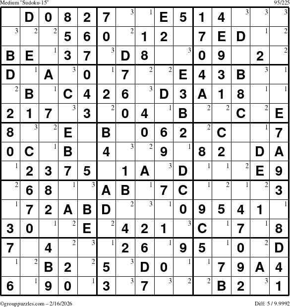 The grouppuzzles.com Medium Sudoku-15 puzzle for Monday February 16, 2026 with the first 3 steps marked