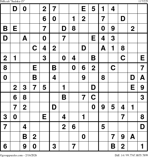 The grouppuzzles.com Difficult Sudoku-15 puzzle for Monday February 16, 2026