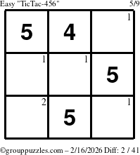 The grouppuzzles.com Easy TicTac-456 puzzle for Monday February 16, 2026 with the first 2 steps marked