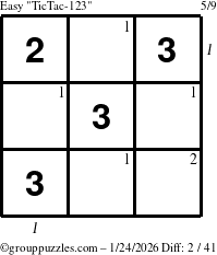 The grouppuzzles.com Easy TicTac-123 puzzle for Saturday January 24, 2026 with all 2 steps marked