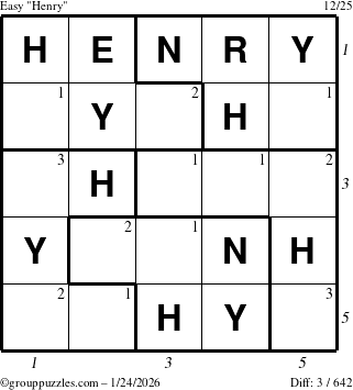 The grouppuzzles.com Easy Henry puzzle for Saturday January 24, 2026, suitable for printing, with all 3 steps marked
