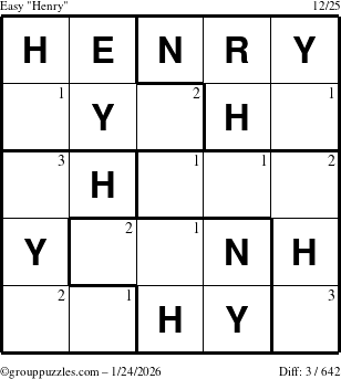 The grouppuzzles.com Easy Henry puzzle for Saturday January 24, 2026 with the first 3 steps marked