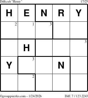 The grouppuzzles.com Difficult Henry puzzle for Saturday January 24, 2026 with the first 3 steps marked