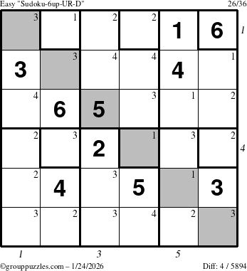 The grouppuzzles.com Easy Sudoku-6up-UR-D puzzle for Saturday January 24, 2026 with all 4 steps marked