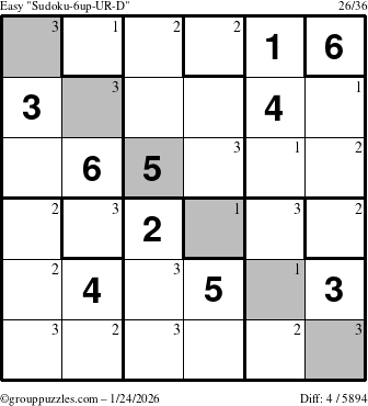 The grouppuzzles.com Easy Sudoku-6up-UR-D puzzle for Saturday January 24, 2026 with the first 3 steps marked