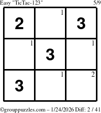 The grouppuzzles.com Easy TicTac-123 puzzle for Saturday January 24, 2026 with the first 2 steps marked