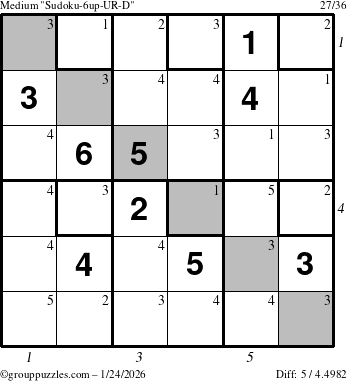 The grouppuzzles.com Medium Sudoku-6up-UR-D puzzle for Saturday January 24, 2026, suitable for printing, with all 5 steps marked