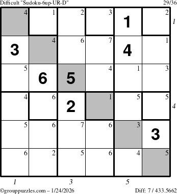 The grouppuzzles.com Difficult Sudoku-6up-UR-D puzzle for Saturday January 24, 2026 with all 7 steps marked