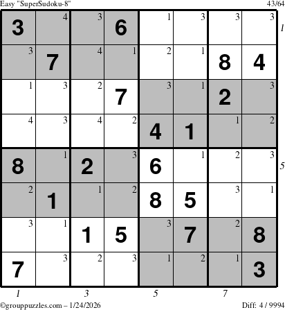 The grouppuzzles.com Easy SuperSudoku-8 puzzle for Saturday January 24, 2026 with all 4 steps marked