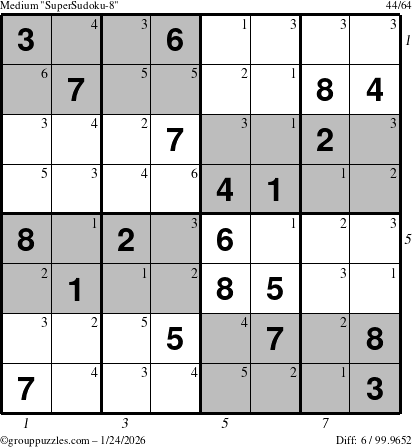 The grouppuzzles.com Medium SuperSudoku-8 puzzle for Saturday January 24, 2026 with all 6 steps marked