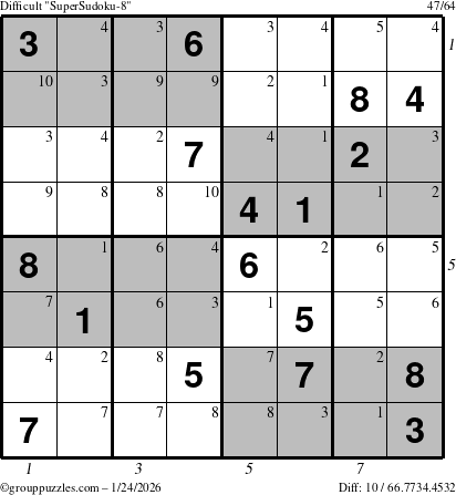 The grouppuzzles.com Difficult SuperSudoku-8 puzzle for Saturday January 24, 2026, suitable for printing, with all 10 steps marked
