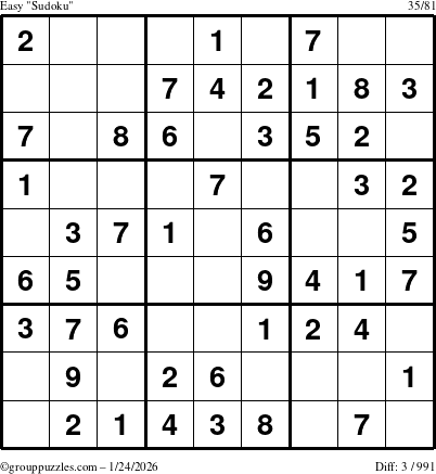 The grouppuzzles.com Easy Sudoku puzzle for Saturday January 24, 2026
