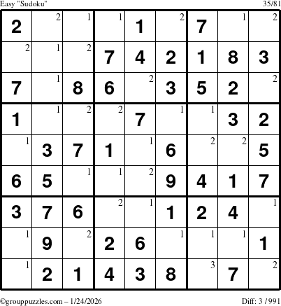 The grouppuzzles.com Easy Sudoku puzzle for Saturday January 24, 2026 with the first 3 steps marked