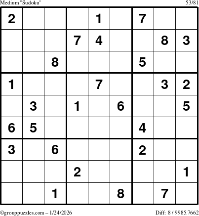 The grouppuzzles.com Medium Sudoku puzzle for Saturday January 24, 2026