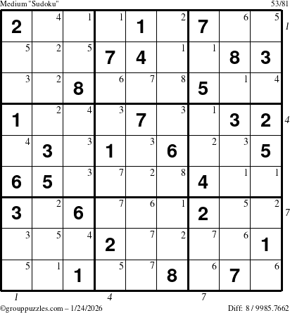 The grouppuzzles.com Medium Sudoku puzzle for Saturday January 24, 2026, suitable for printing, with all 8 steps marked