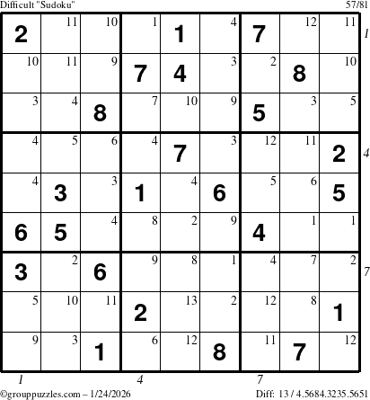 The grouppuzzles.com Difficult Sudoku puzzle for Saturday January 24, 2026 with all 13 steps marked