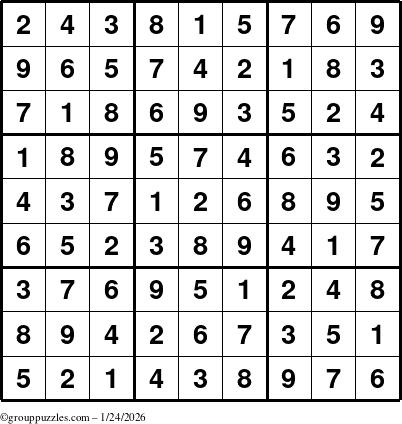 The grouppuzzles.com Answer grid for the Sudoku puzzle for Saturday January 24, 2026