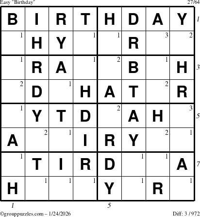 The grouppuzzles.com Easy Birthday puzzle for Saturday January 24, 2026, suitable for printing, with all 3 steps marked