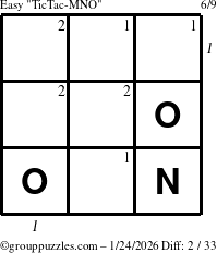 The grouppuzzles.com Easy TicTac-MNO puzzle for Saturday January 24, 2026, suitable for printing, with all 2 steps marked