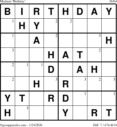 The grouppuzzles.com Medium Birthday puzzle for Saturday January 24, 2026 with the first 3 steps marked